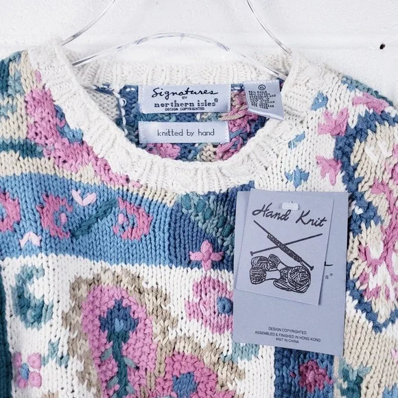 Signatures by Northern Isles Sweater Multicolor Patchwork Hand Knit Floral XL - Picture 4 of 8
